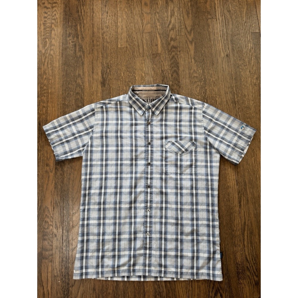 Kuhl Mens Large Blue Plaid Short Sleeve Button Down Shirt Hiking Outdoor Casual